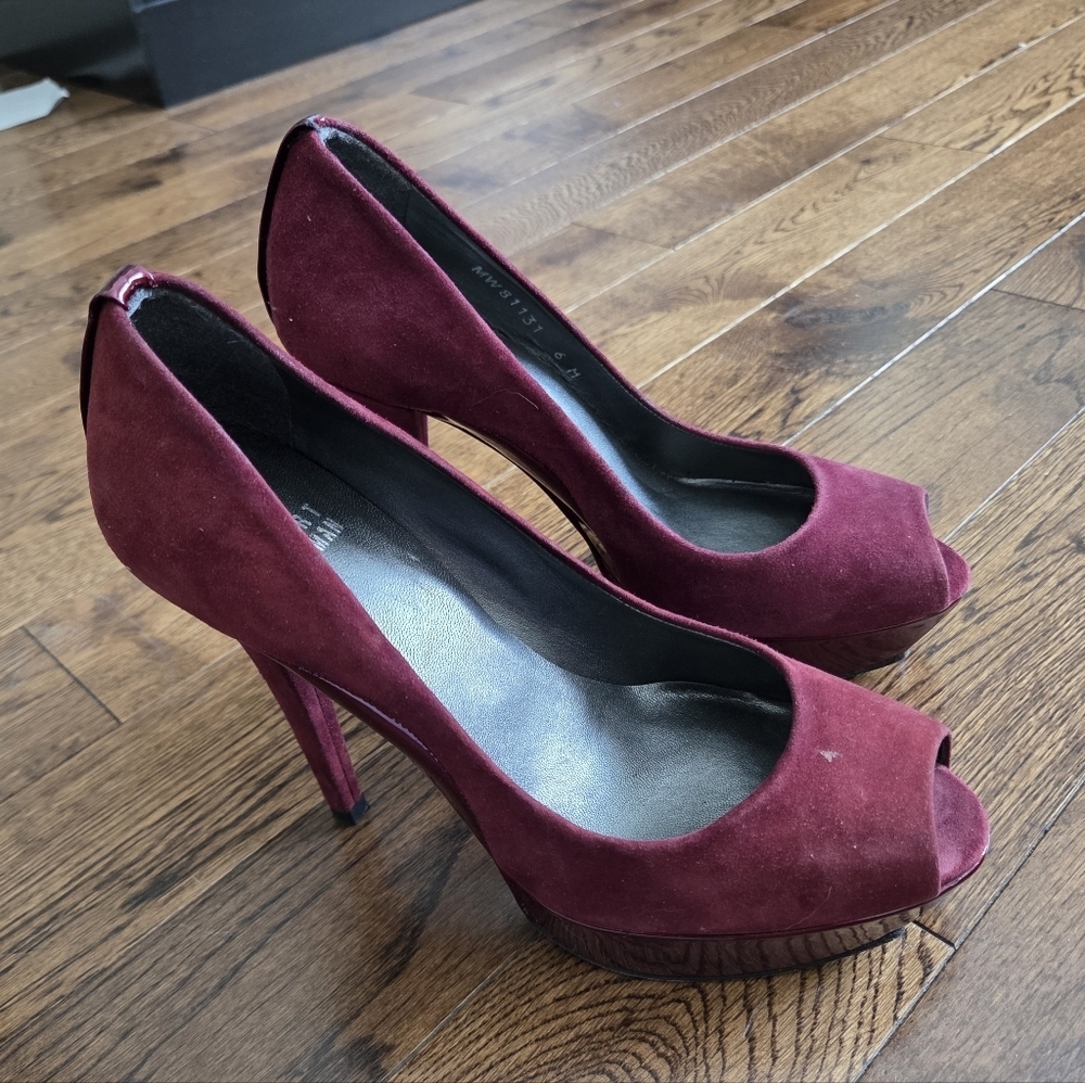 Stuart Weitzman Elegant Burgundy Peep-Toe Platform Heels Size 6 Made In Spain